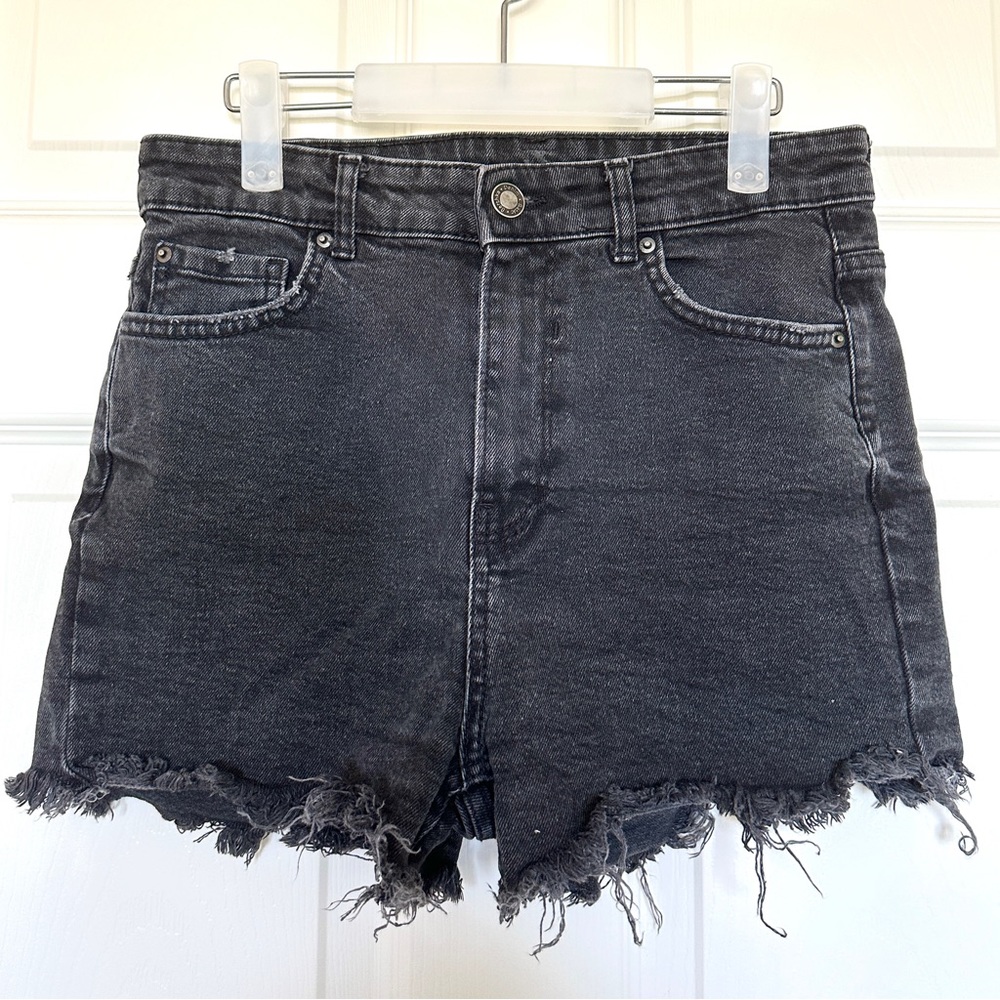 Washed Black Raw Hem Black Denim Shorts